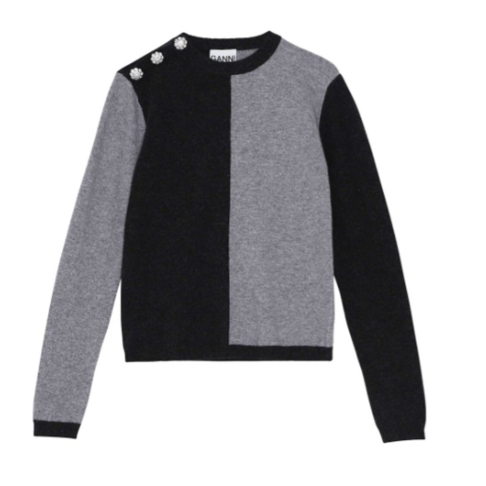 Ganni Women’s Cashmere Color-Block Three Button Shoulder Crewneck Sweater